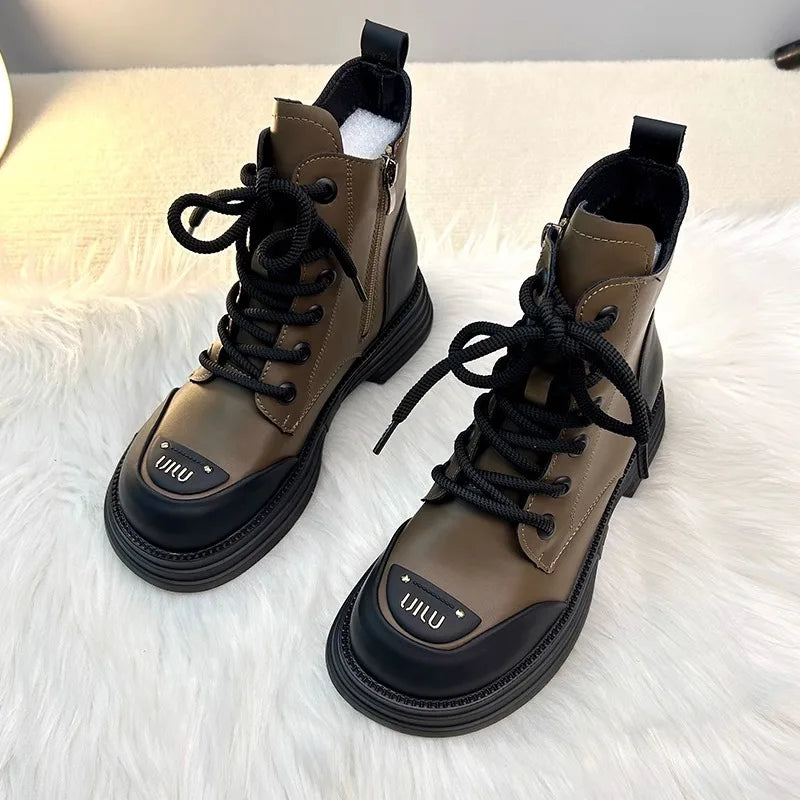 Brand British style short boots for women's winter thick soled casual plush