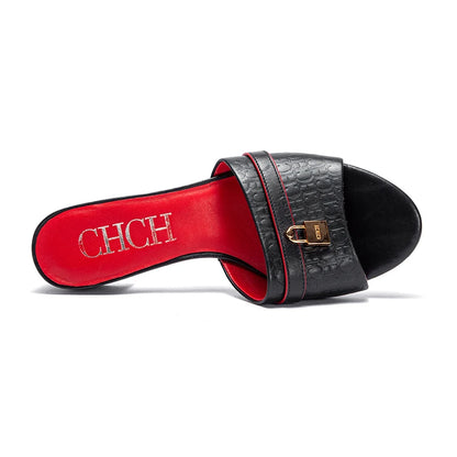 Minimalist and Versatile Leather Women's Low Heel Slippers, Fashionable and Comfortable, With Printed Letters