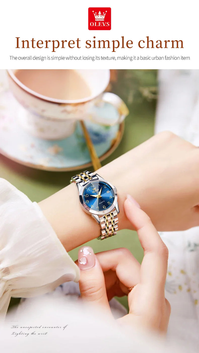 OLEVS 9970 Original Luxury Quartz Watch for Women Rhombus Mirror Digital Dial Calendar Stainless Steel Waterproof Wrist Watches