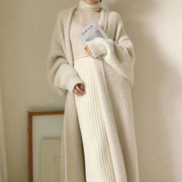 white Long Cardigan for women winter clothes Knitted fluffy long sleeve Cashmere