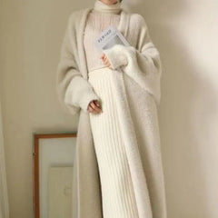 white Long Cardigan for women winter clothes Knitted fluffy long sleeve Cashmere