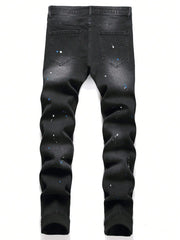 Men Stretchy Ripped Skinny Biker Embroidery Cartoon Print Jeans Destroyed