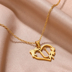 Gold Color Dainty Flower Initials Necklace Women Girl Stainless Steel Heart Letter