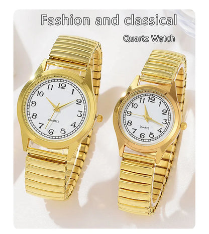 2 PCS Of Gold Retro Round Pointer Quartz Watch Classic Simulation Elastic Band Watch Suitable For Both Male And Female Couples