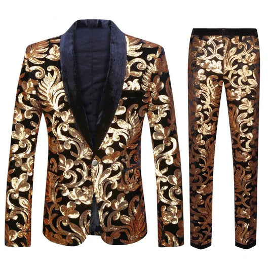 Men's Gold Velvet Fashion Elegant Casual Wedding Banquet Party Sequin