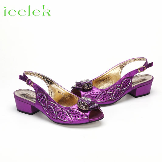 Purple Color Women Peep Toe Sandals Shoes Matching bag Set For Mature