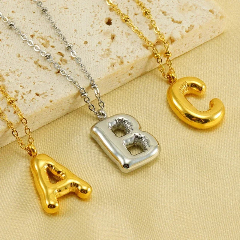 Vintage Stainless Steel Balloon Bubble Chunky Letter Necklace for Women 18K Gold