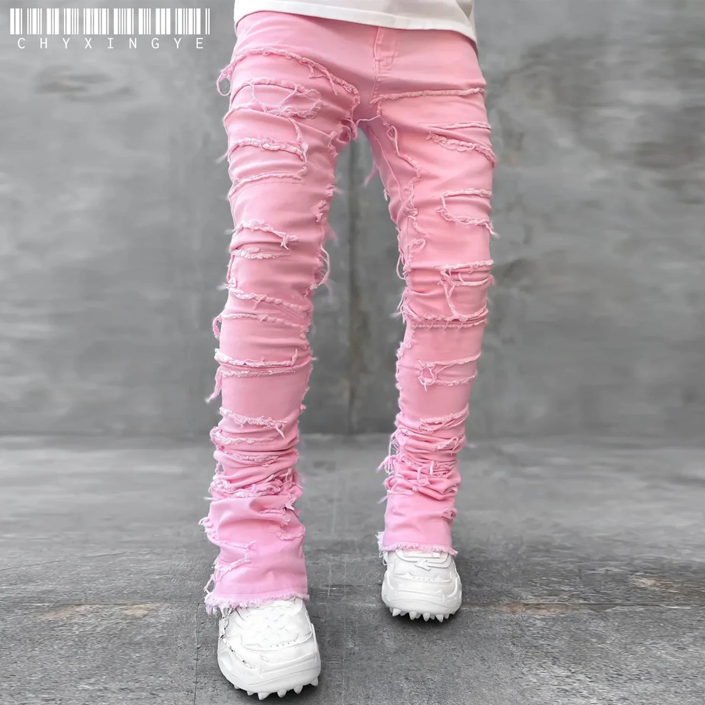 European Camo Pants Men High Street Slim Fit Stretch Patched Denim Ripped