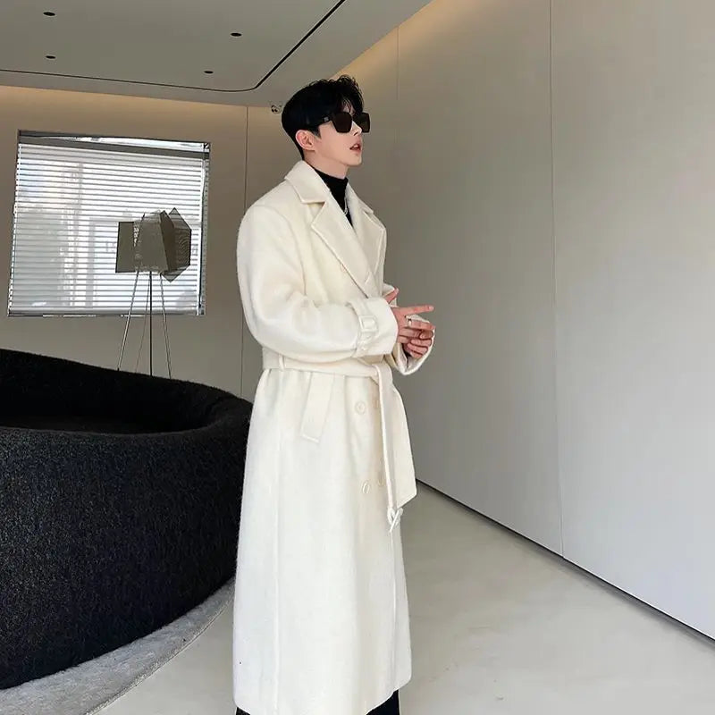 Korean Men Woolen Coat Casual Lapel Double Breasted Long Trench Solid Color Male