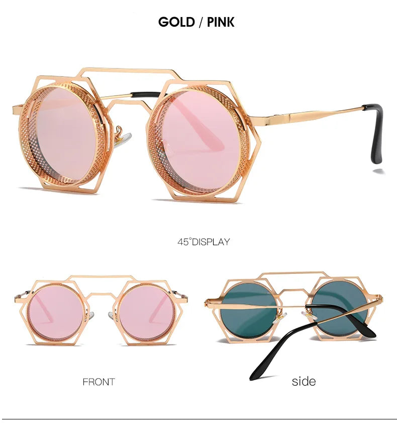 OEC CPO Steampunk Round Sunglasses Women Men 2023 Metal Mesh Personality Sun Glasses Female Eyewear Goggle UV400 Shades Oculos