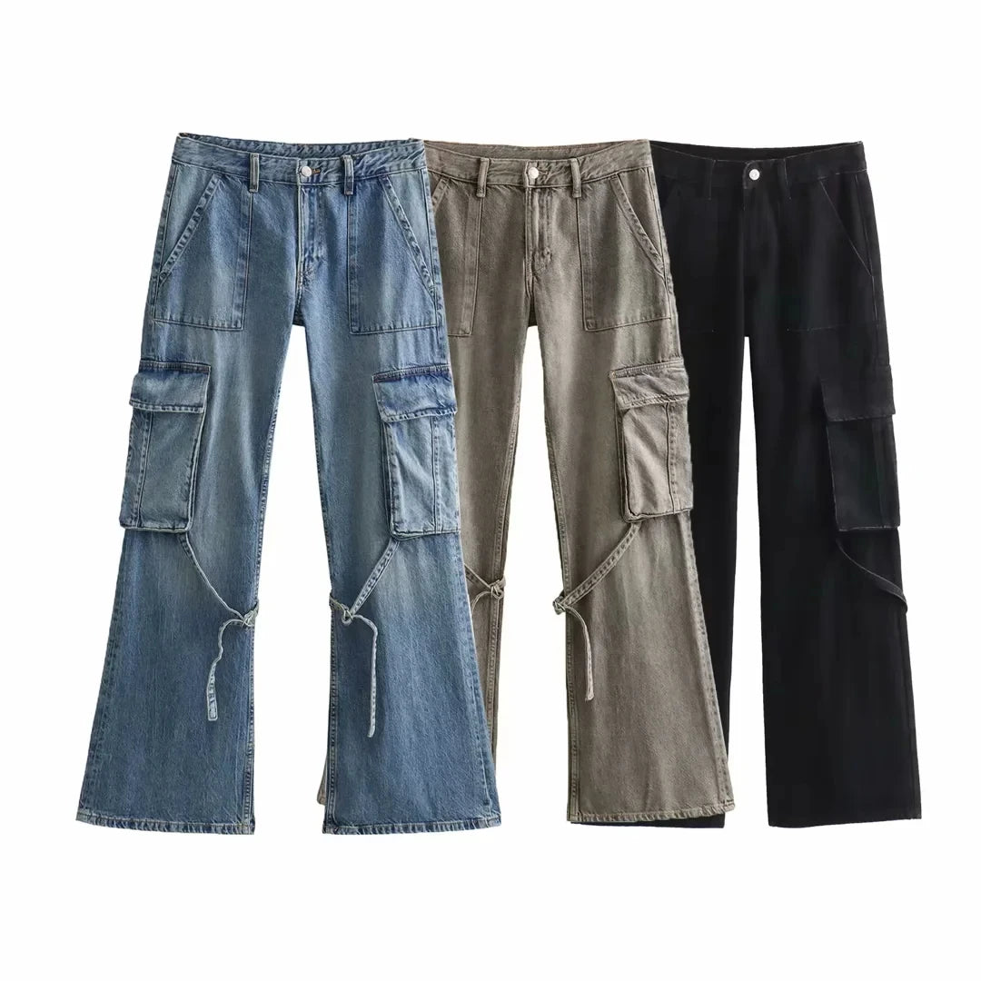 Spring Summer Streetwear Women Denim Pants Fashion Vintage Loose Pockets  Pants