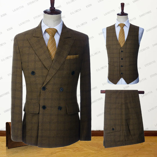 Fashion Men Suits Double Breasted Summer Slim Fit Brown Linen Plaid Tuxedo