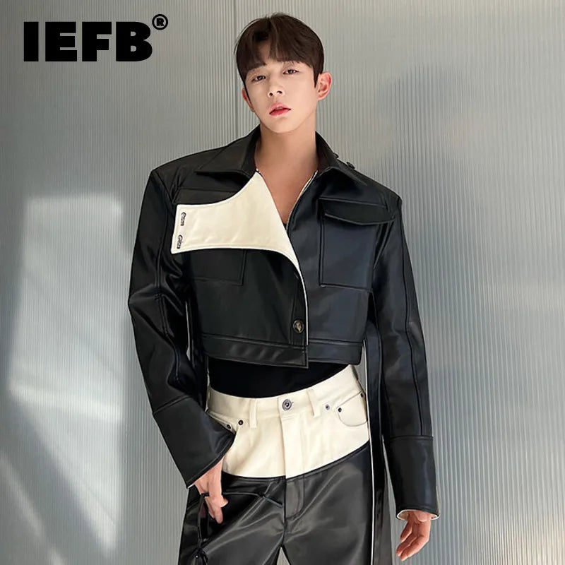 Designer Short Denim Pu Leather Jacket Contrast Color 2023 Turn-down Collar