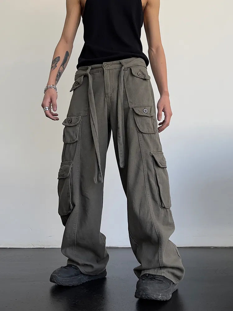 High street retro casual large pocket overalls men's and women's summer high waist