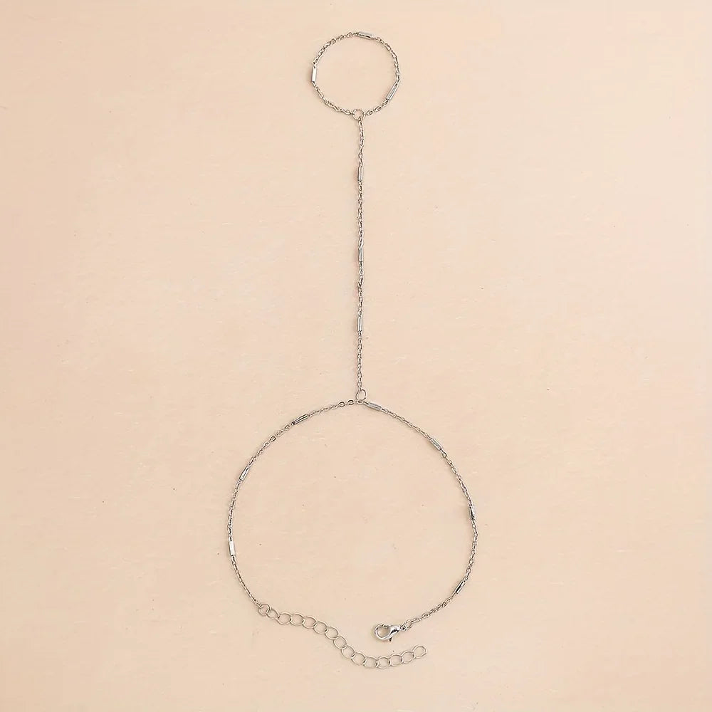 Women's Elegant Style Summer Finger Ring Bracelet, Minimalist Fine Chain Integrated Hand Jewelry Accessory