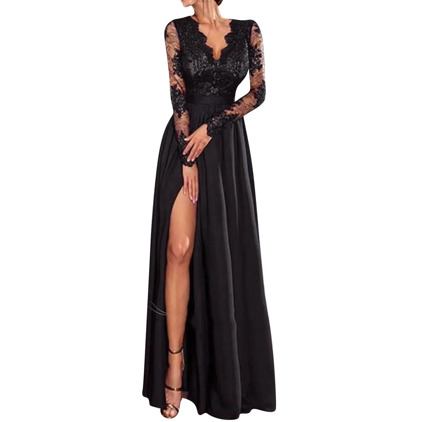 Evening wear Dresses: Women's Fashion Lace Splicing Gowns Dresses V Neck