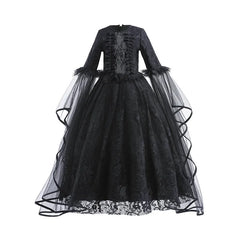 Halloween Witch Dress For Girls Black Evil Queen Cosplay Costume Luxury Lace Ruffles