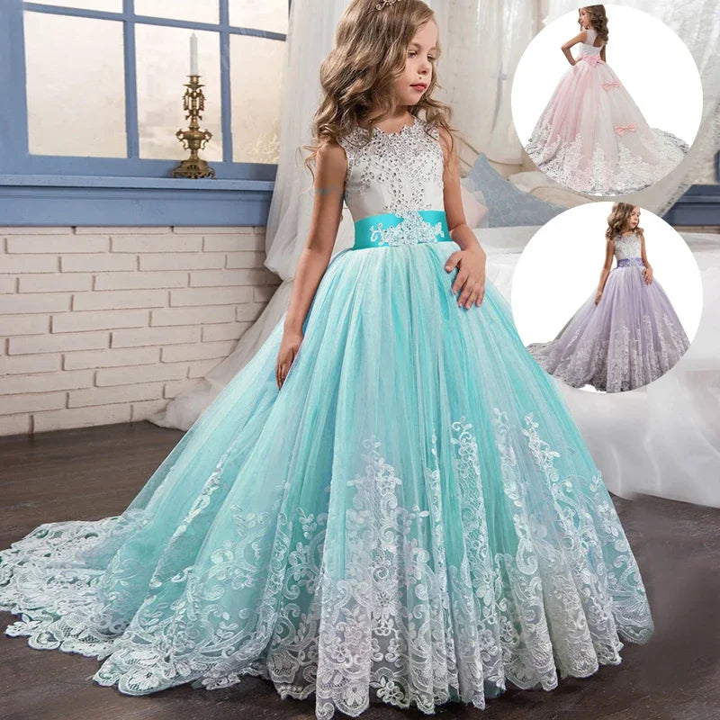 Girls Formal Dress Long Bridesmaid Kids Dress For Girls Teen Children Princess Party Wedding Gown Evening Lace Ceremony Vestidos