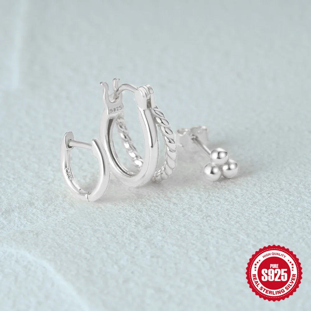 CANNER 925 Sterling Silver 3PCS Zircon Double Layer Hoop Earrings For Women Minimalism Ins Earrings Fine Jewelry Party Gift