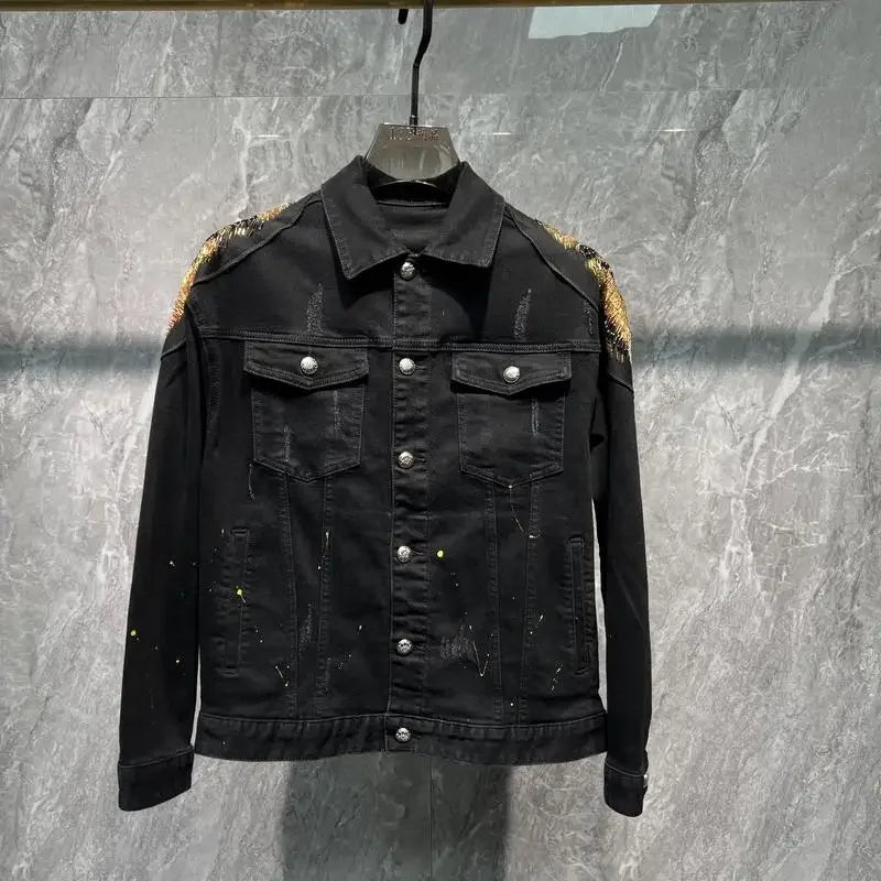 Fashion Tiger Beaded Denim Jacket Men's 2023 Autumn New European Goods  Jean Coats