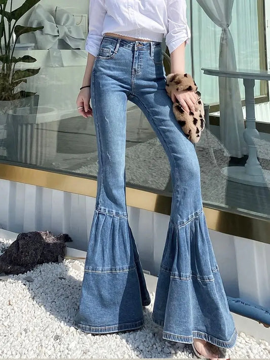 Spring and Autumn Light Color Flared Pants Women's Retro High Waist Splicing Loose