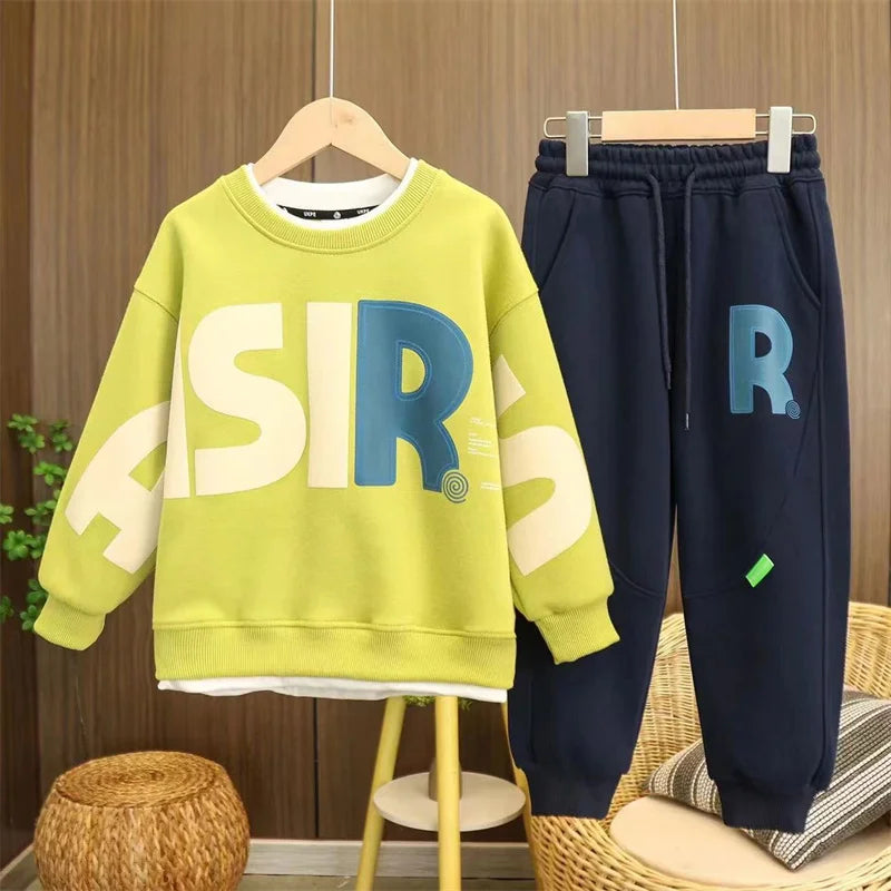 Boys Autumn Sets Children's Clothes Suit Winter Thickened Warm Outfits New Kids Letter Sweatshirt Pants 2 Piece Teen Sportswear