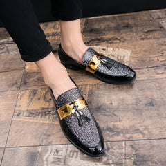 Men Party Flats Black Golden Formal Patchwork Tassel Leather Casuals Shoe
