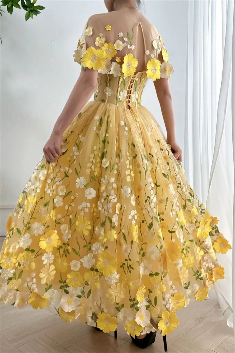 Homecoming Dresses: Yellow Flowers Appliques Prom Dresses