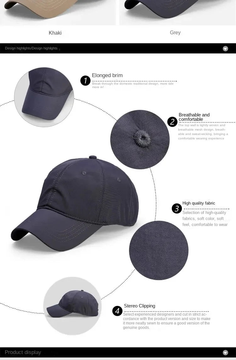 Big Size Summer Quick Drying Baseball Cap Man Breathable Large Plus Head Size Sun Hats Male Outdoor Sport Visor Cap Gorros