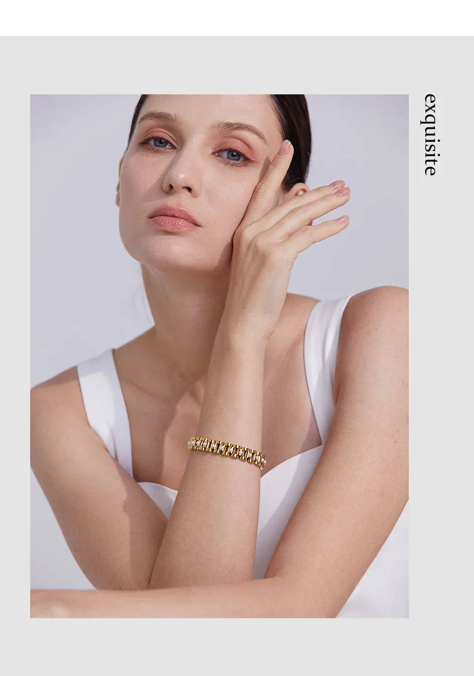 Yhpup 18cm Stainless Steel Imitation Pearls PVD Gold Plated Thick Cuban Chain Charm Bangle Bracelet Fashion Jewelry Wome