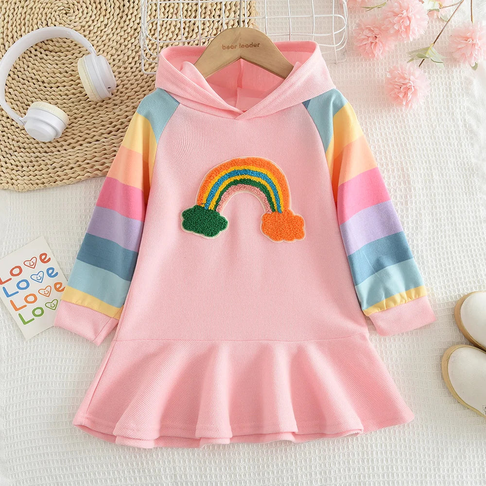 Girls Dress Autumn Long Sleeve Rainbow Striped Princess Dresses for Girl