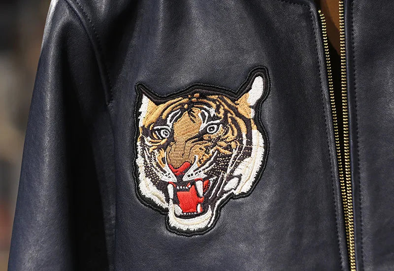 Men's stand collar real leather jacket baseball tiger embroidery vegetable