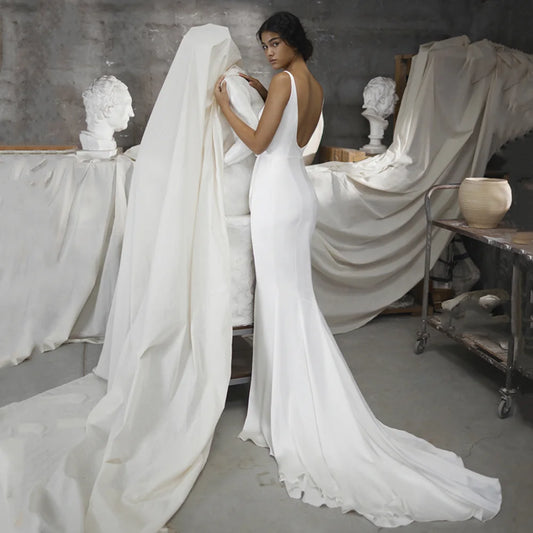 Wedding Dresses for Women Backless Side Slit Satin Boho Bride Dress