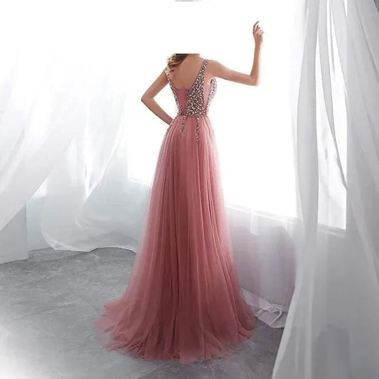 Women's Fashion Elegant Pink Embroidery Bead Piece Dress Deep V Party Evening Dress