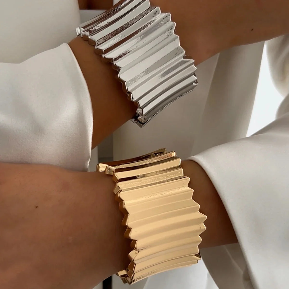 KunJoe Fashion Design Smooth Gold Color Chunky Spring Bangles for Women Exaggerated Geometric Wide Open Cuff Bracelet Unisex Men