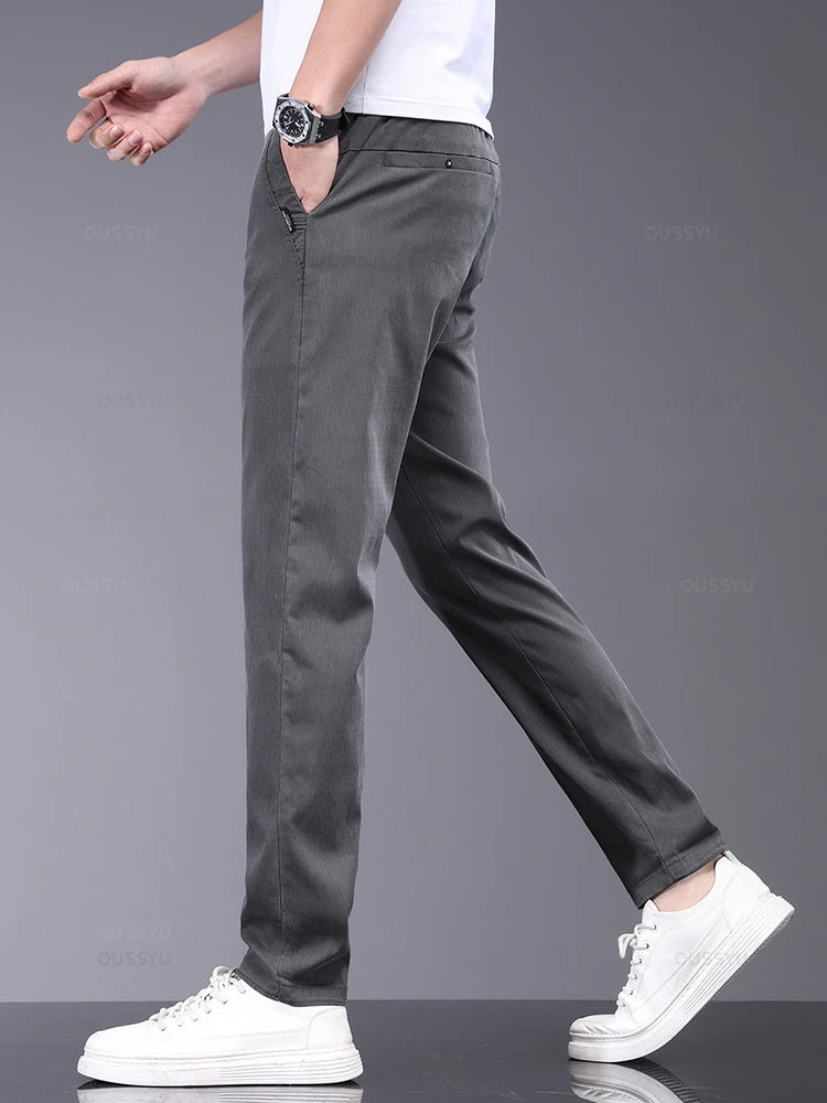 Spring Summer Soft Stretch Lyocell Fabric Men's Casual Pants Thin Slim Elastic