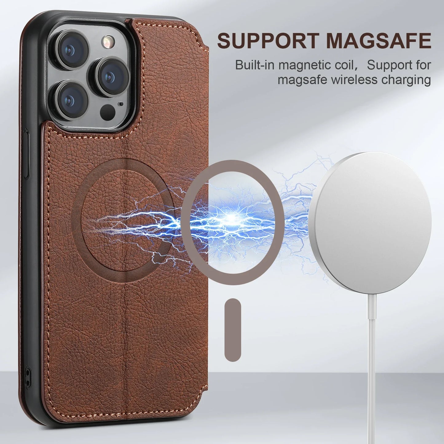 SUTENI Compatible Wireless Charging Leather Phone Case For iPhone 12 13 14 15 16 Plus 17 Pro Max Flip Cover Wallet Card Holder