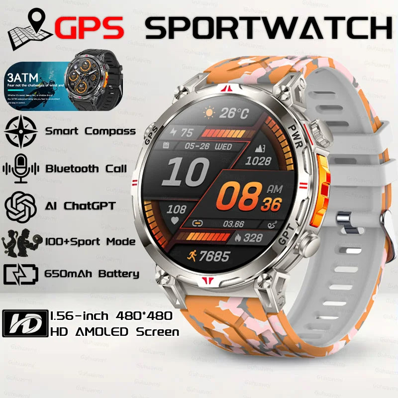 2025New Military GPS Sport Smartwatch Men 650mAh AMOLED Screen Compass Altimeter 10ATM Waterproof Heart Rate Wireless Call Clock