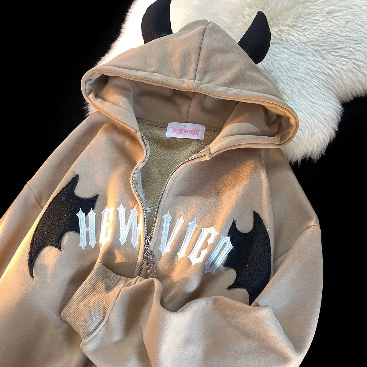 Devil Embroidered Hoodie Women Casual Retro Loose Long Sleeve Hooded Coats