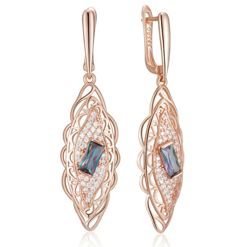 Kienl Hot 585 Rose Gold Color Flower Dangle Earrings for Women Square Colorful Natural Zircon Accessories Daily Fine Jewelry
