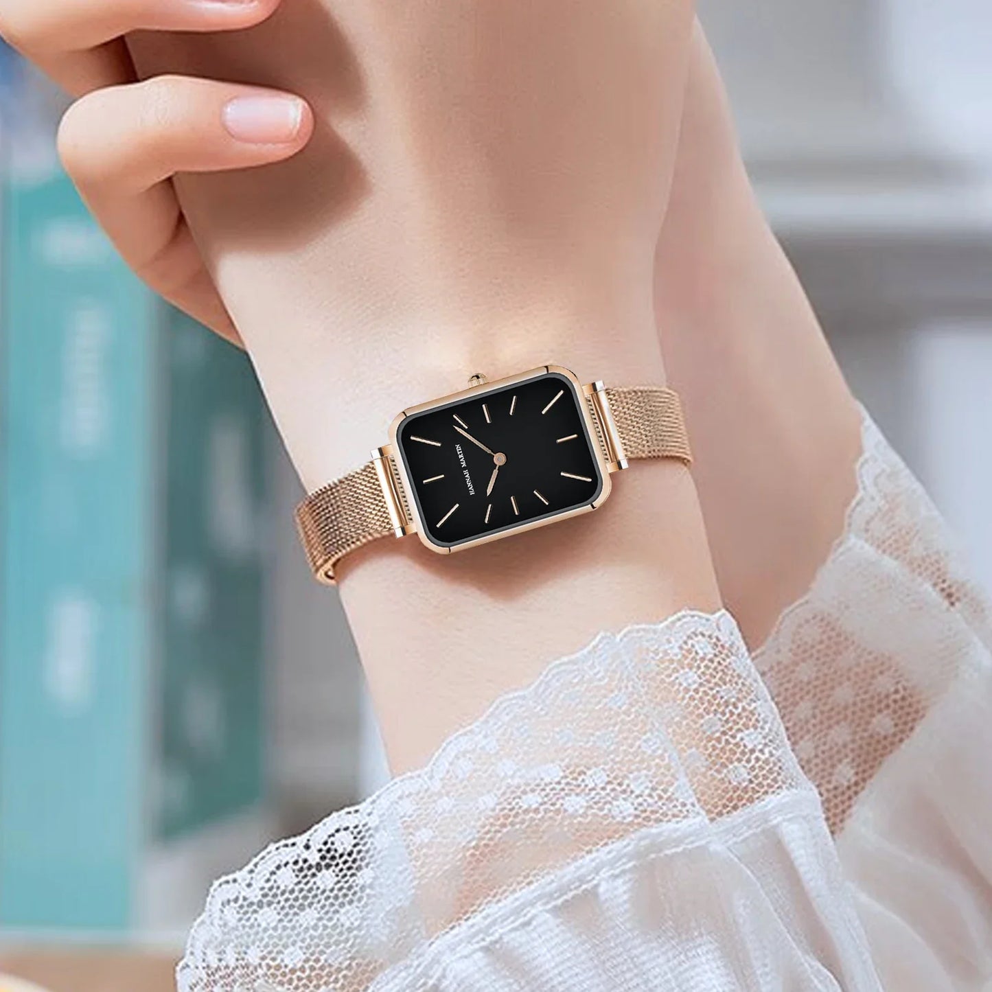 Square Women Stainless Steel Mesh Strap Watch Fashion Japanese Movement Rose Gold Simple Leisure Fashion Hannah Martin Watches