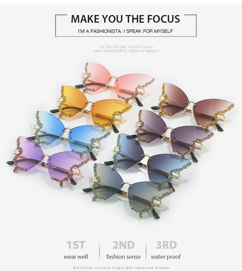 Luxury Party Sunglasses Women Butterfly Diamond Rhinestones Personality Flash Shades Tint Color Travel Blogger Glasses
