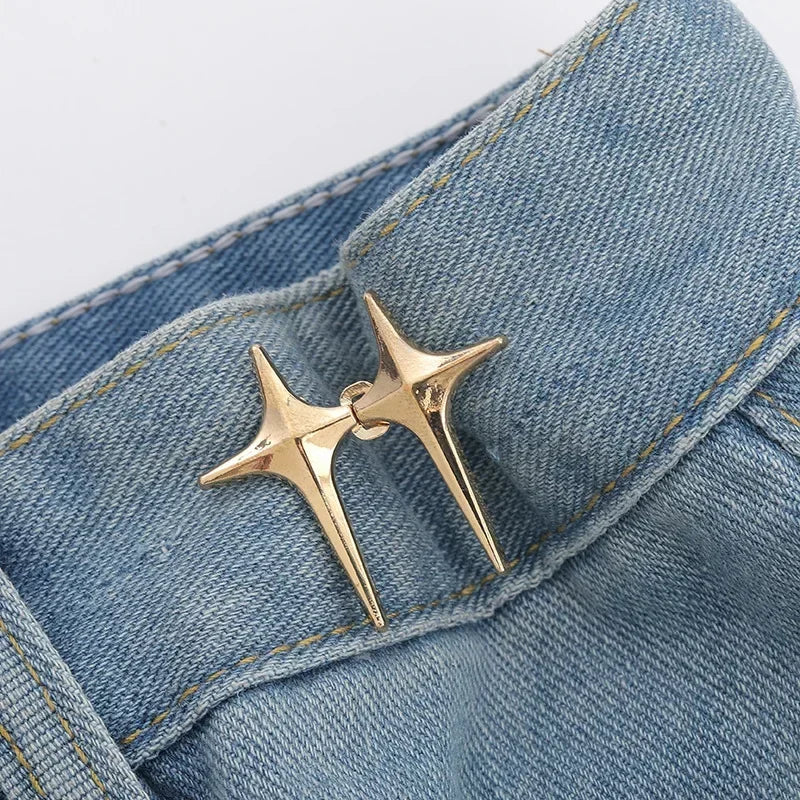 1Pair Cross Star Waist Buckle Adjustable Detachable Pants Clips Waist Tightener Nail-free Metal Button Snaps for Jeans Decor