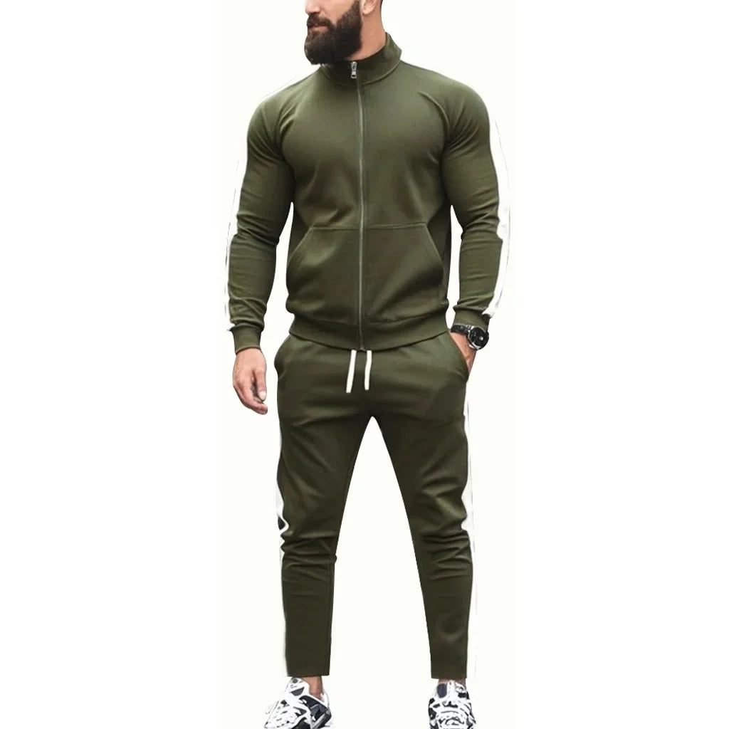 2025 Spring Autumn Men's 2-Piece Set Color Blocking Zipper Stand Collar Casual Sports Jacket Sweatshirt Trousers Suit