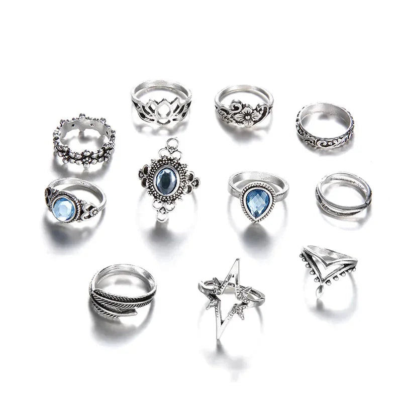 Geometry Retro Rings for Women Boho Inlaid Zircon Carved Starry 11/Pcs Rings