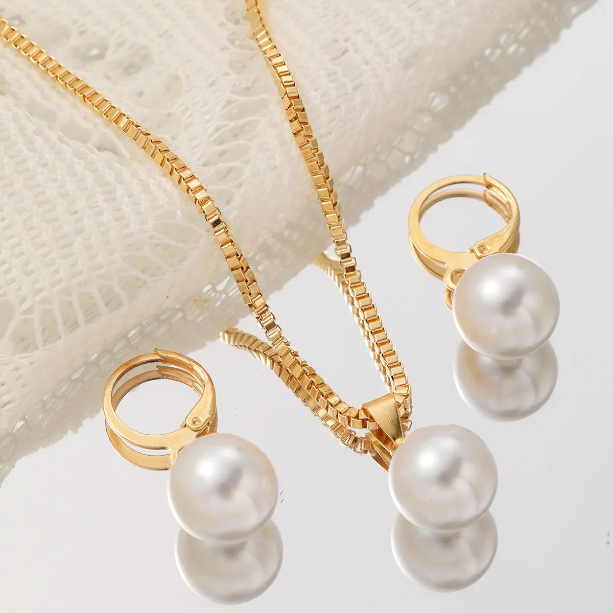 LATS 3 Pcs/Set Round Pearl Pendant Necklace For Women Exquisite Fashion Rhinestone Double  Earring Wedding Jewelry Set Gift