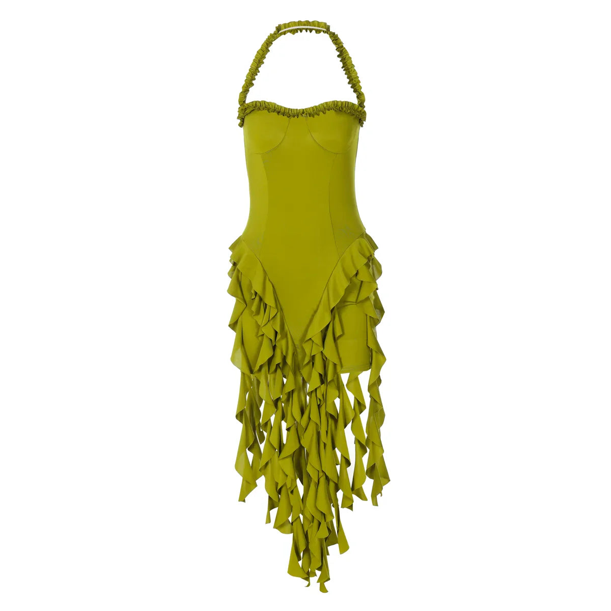 Hugcitar Elegant Halter Solid Ruffles Backless Taseel Sexy Slim Mini Dress Spring Women Cute Outfits Birthday Party Vacation