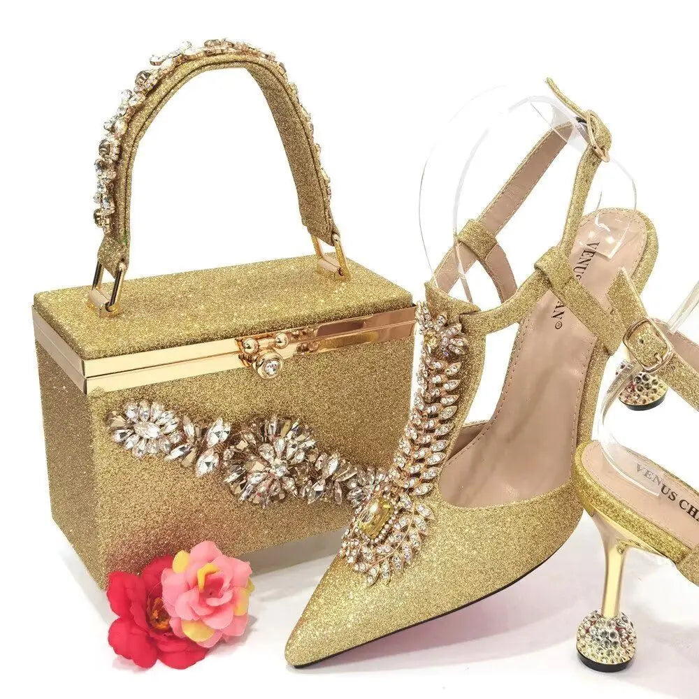 Doershow High Quality African Style Ladies Shoes And Bags Set Latest gold Italian Shoes And Bag Set For Party  HUY1-6