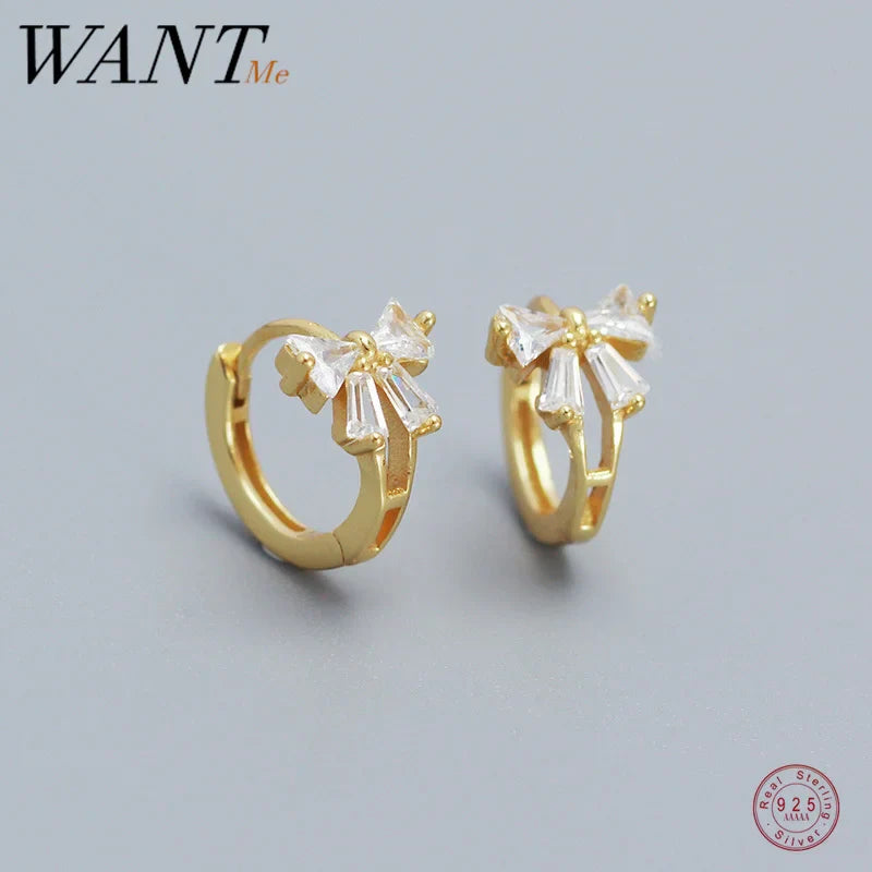 WANTME 925 Sterling Silver Sweet Korean Bow Huggies Hoop Earrings for Women Fashion Cute Teen Birthday Party Girl Jewelry Gift