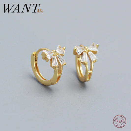 WANTME 925 Sterling Silver Sweet Korean Bow Huggies Hoop Earrings for Women Fashion Cute Teen Birthday Party Girl Jewelry Gift
